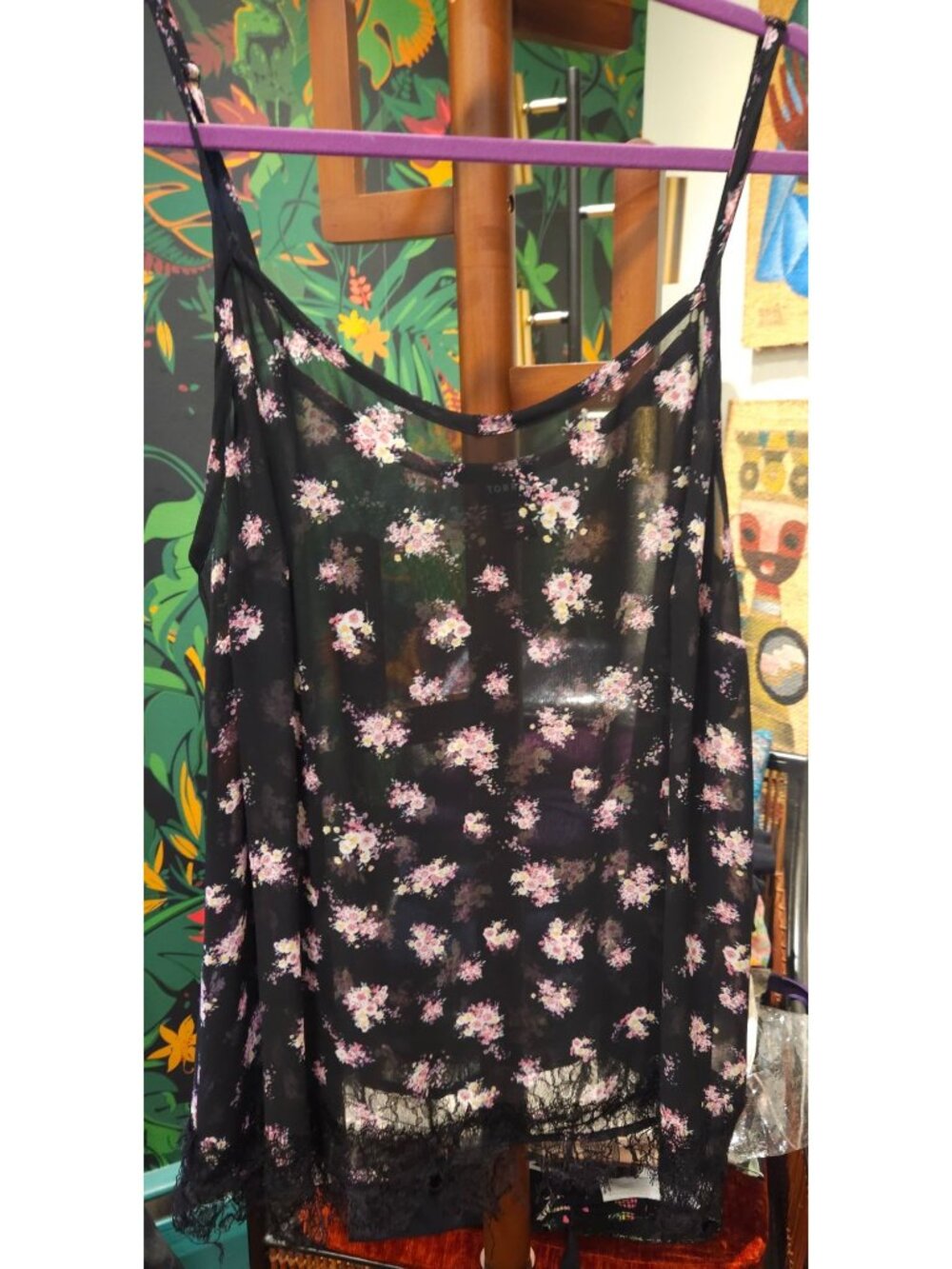 Torrid Black Floral Print Sheer Camisole With Lace Trim Size 2
